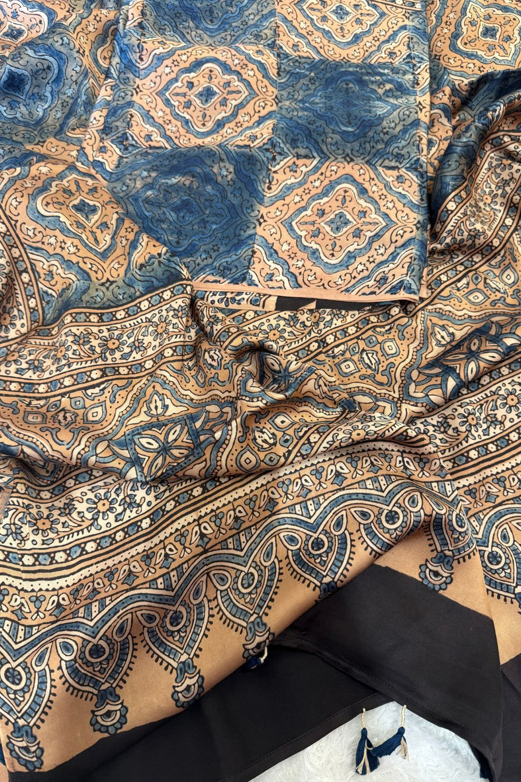 Pure Modal Satin 2-Piece Suit Set in Natural Ajrak Dye - Blue & Peachish Cream