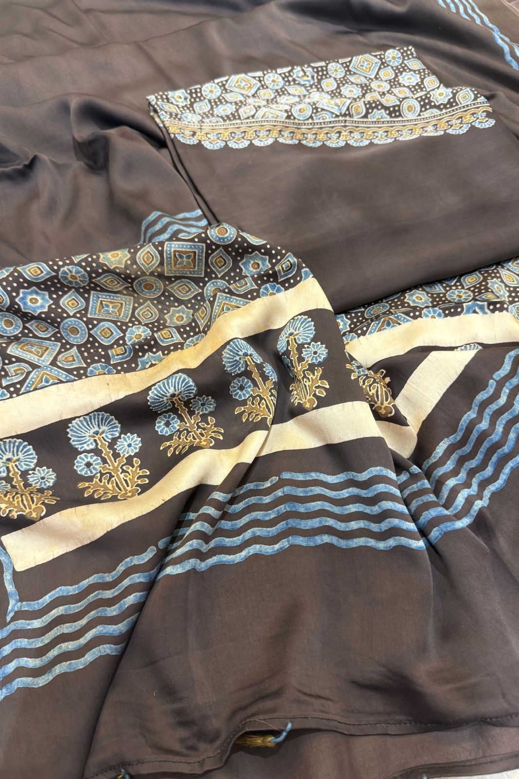 Pure Modal Satin 2-Piece Suit Set in Natural Ajrak Dye - Black