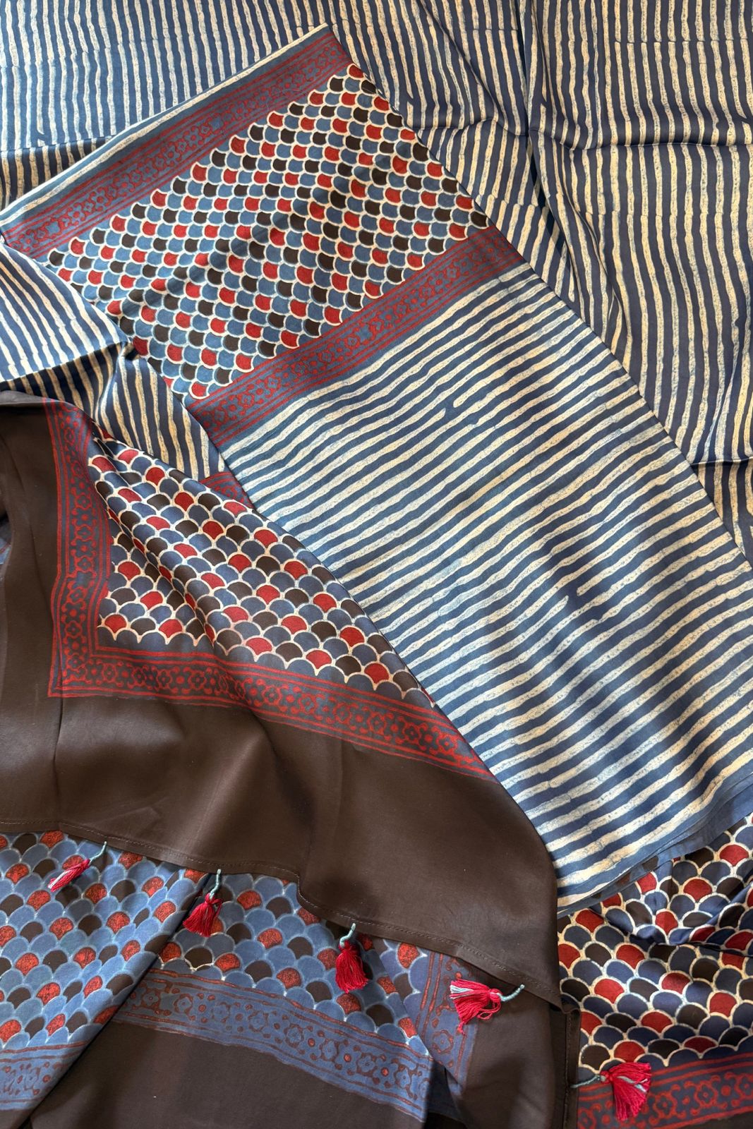 Pure Modal Satin 2-Piece Suit Set in Natural Ajrak Dye - Blue & Red