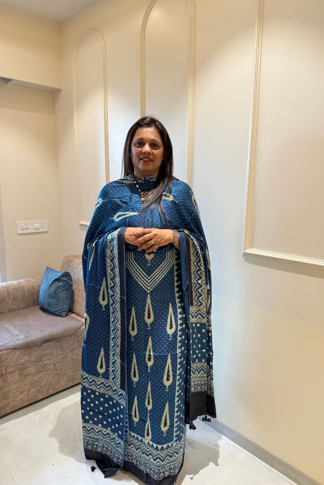 Pure Modal Satin 2-Piece Suit Set in Natural Ajrak Dye - blue