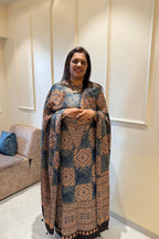 Pure Modal Satin 2-Piece Suit Set in Natural Ajrak Dye - Blue & Peachish Cream