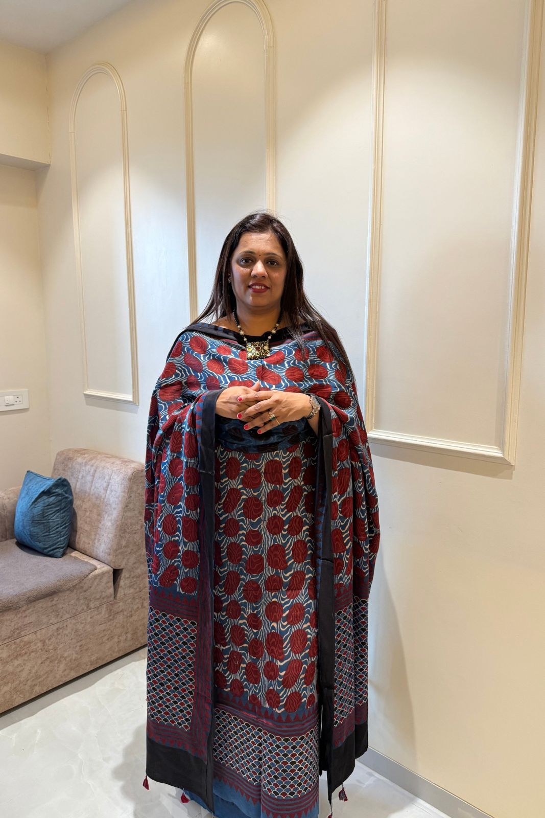 Pure Modal Satin 2-Piece Suit Set in Natural Ajrak Dye - Blue & Red print