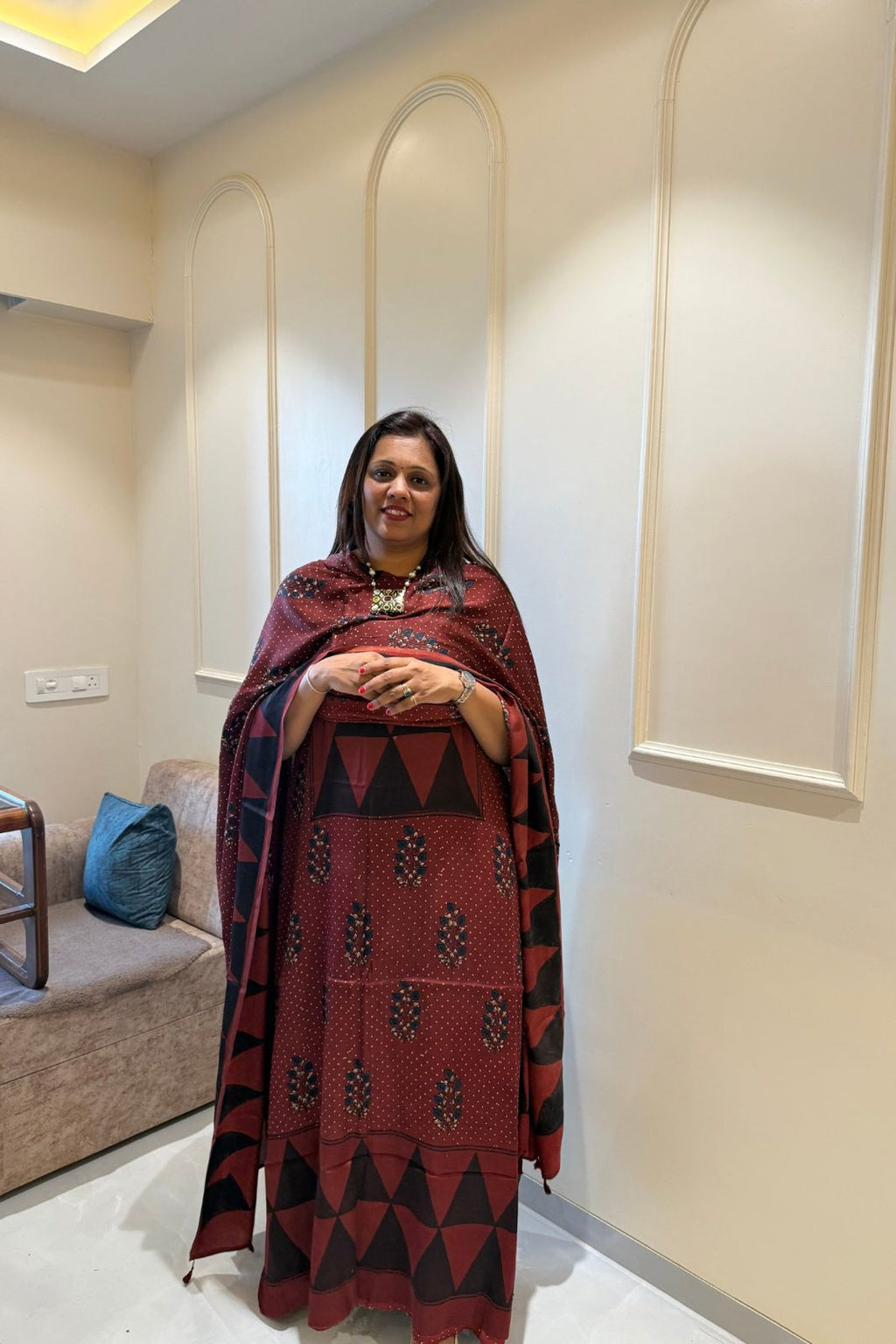 Pure Modal Satin 2-Piece Suit Set in Natural Ajrak Dye - Maroon