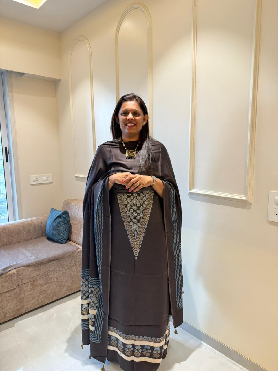 Pure Modal Satin 2-Piece Suit Set in Natural Ajrak Dye - Black