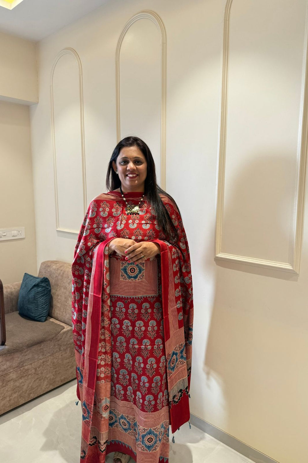 Pure Modal Satin 2-Piece Suit Set in Natural Ajrak Dye - Red