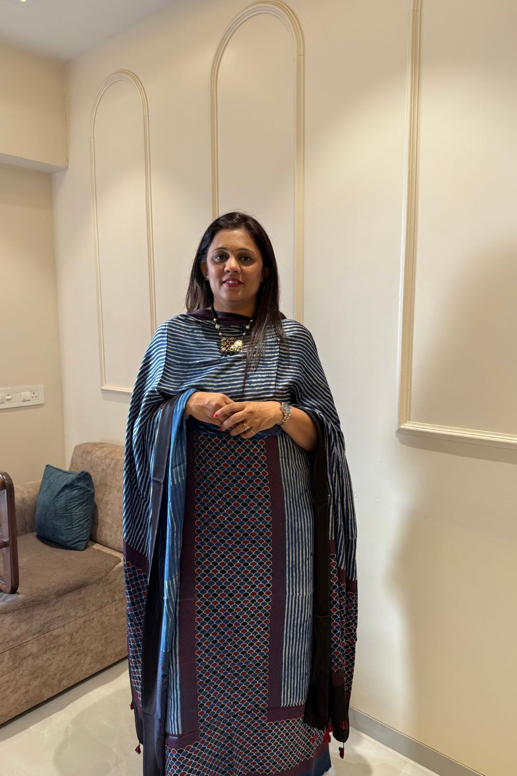 Pure Modal Satin 2-Piece Suit Set in Natural Ajrak Dye - Blue & Red