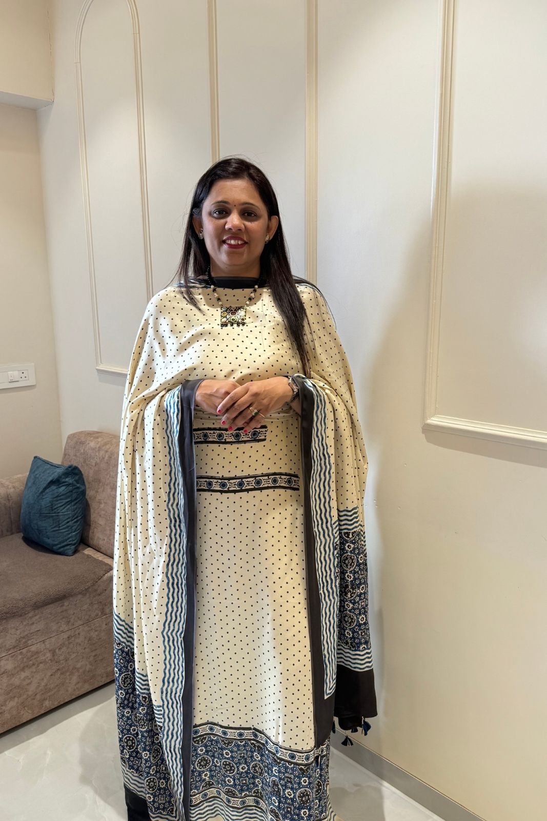 Pure Modal Satin 2-Piece Suit Set in Natural Ajrak Dye - white