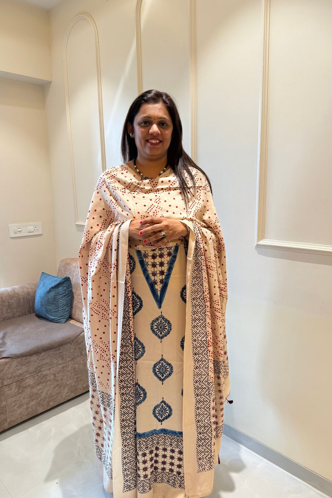 Pure Modal Satin 2-Piece Suit Set in Natural Ajrak Dye - White