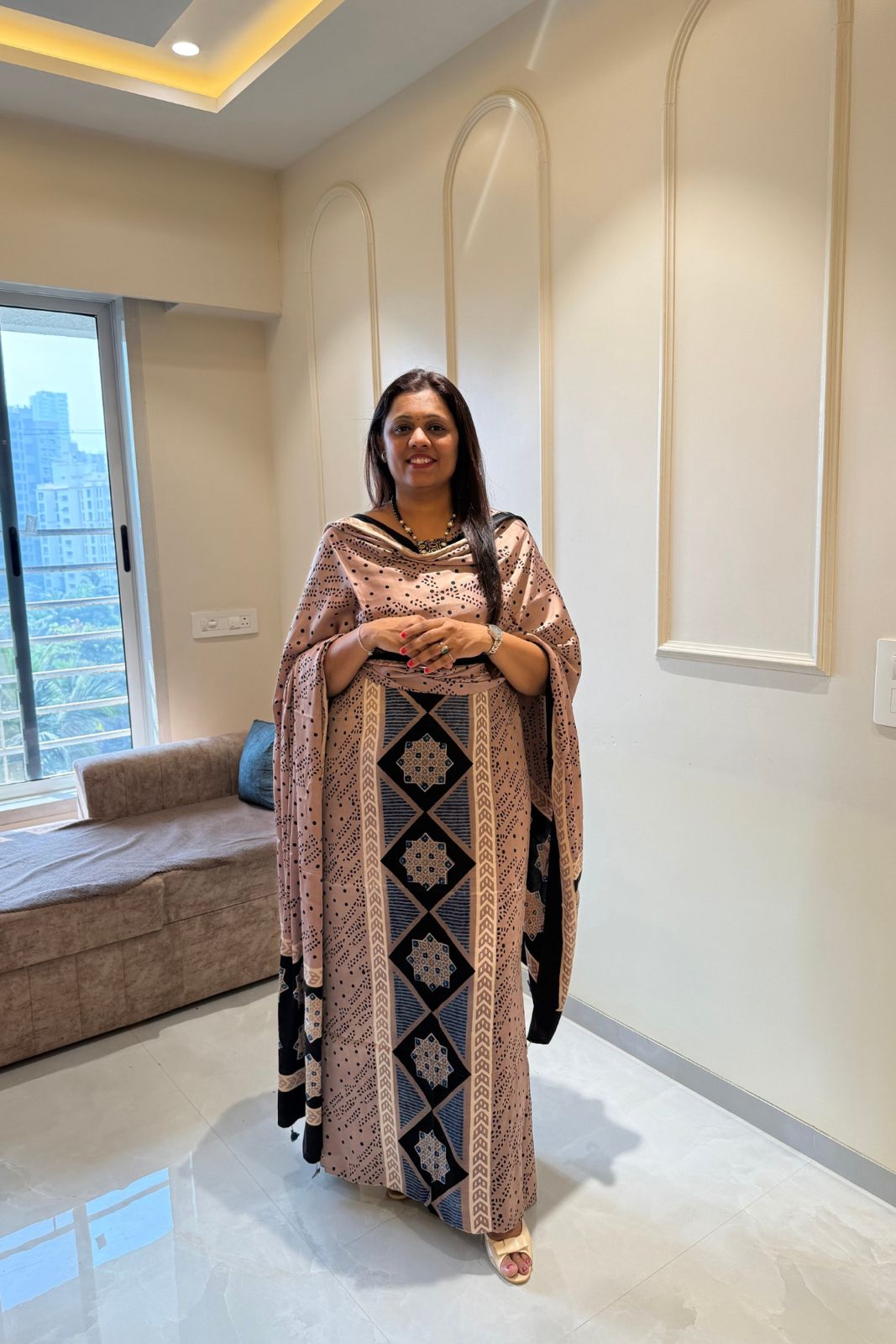 Pure Modal Satin 2-Piece Suit Set in Natural Ajrak Dye - Triangle symetric