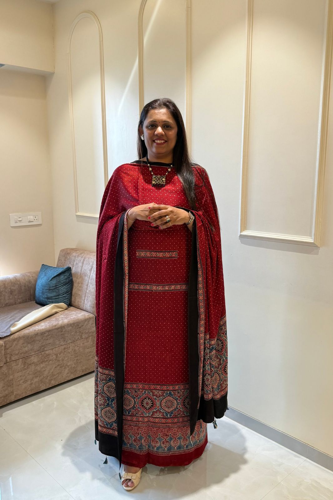 Pure Modal Satin 2-Piece Suit Set in Natural Ajrak Dye - Red Polka