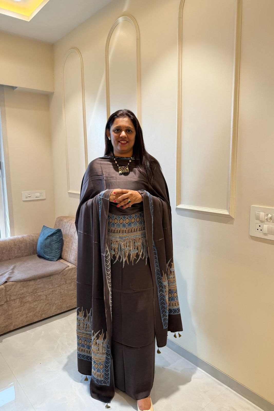 Pure Modal Satin 2-Piece Suit Set in Natural Ajrak Dye - Black stripes