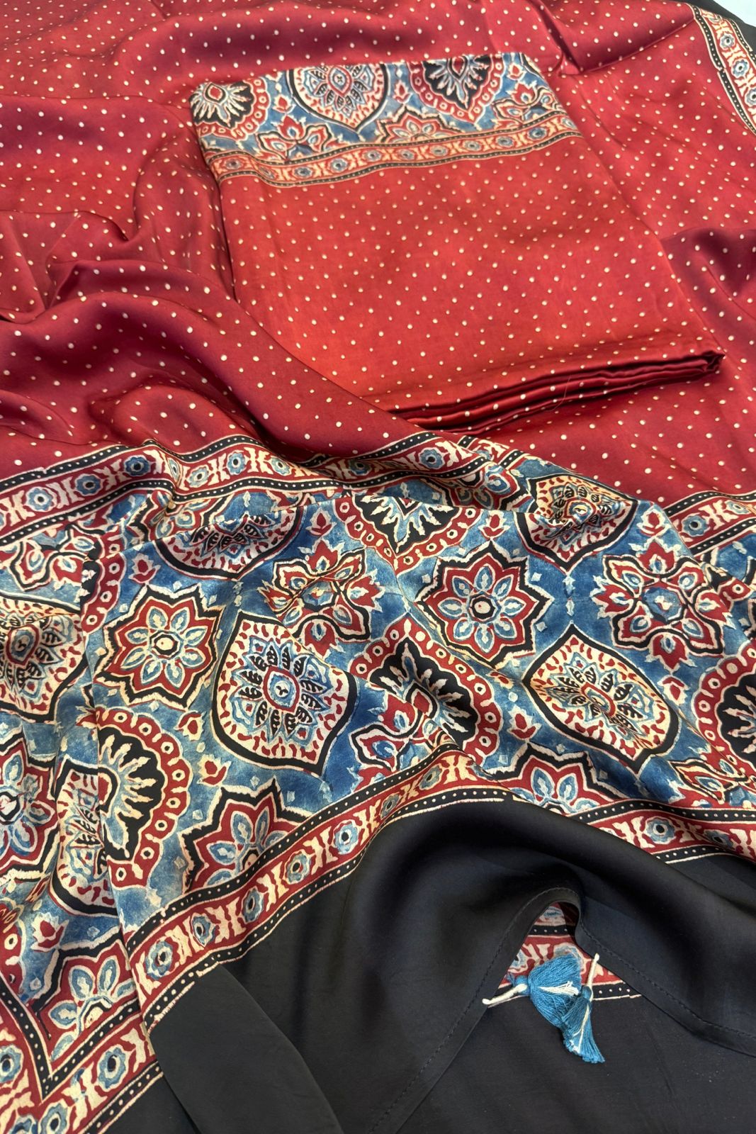 Pure Modal Satin 2-Piece Suit Set in Natural Ajrak Dye - Red Polka