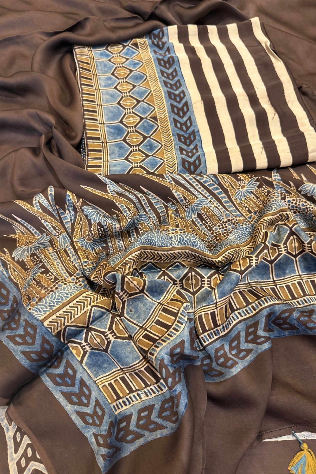 Pure Modal Satin 2-Piece Suit Set in Natural Ajrak Dye - Black stripes