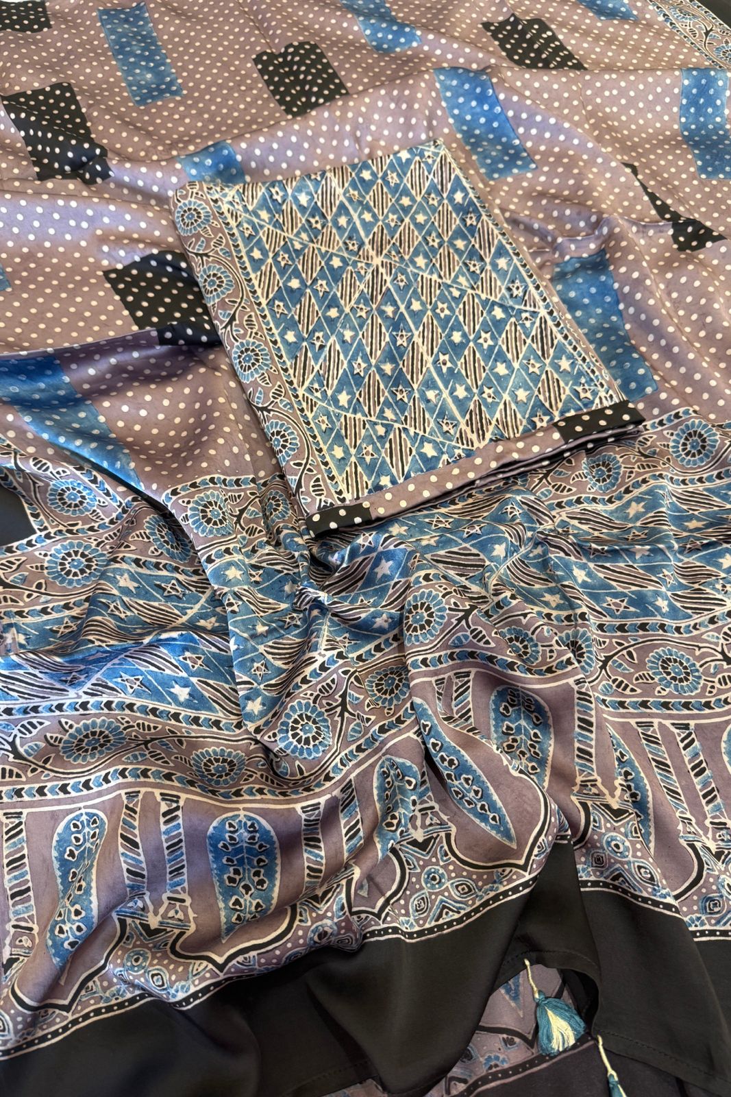 Pure Modal Satin 2-Piece Suit Set in Natural Ajrak Dye - Pinkish Grey