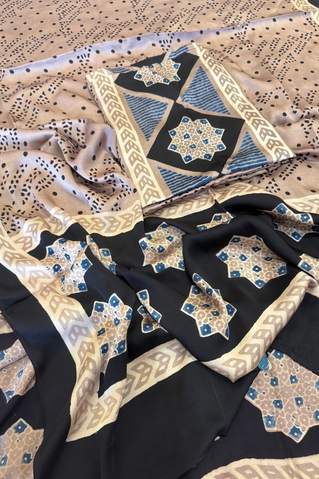 Pure Modal Satin 2-Piece Suit Set in Natural Ajrak Dye - Triangle symetric