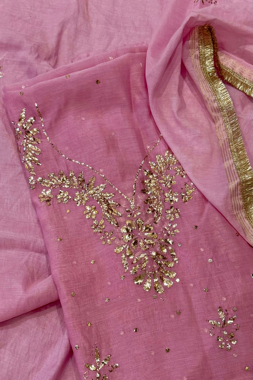 Pure Mul Chanderi Mukesh Kamdani Lucknowi Work 2-Piece Dress Suit – Baby Pink