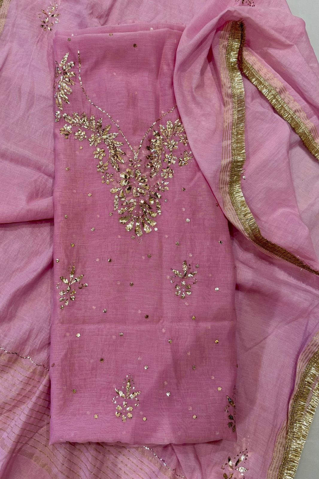 Pure Mul Chanderi Mukesh Kamdani Lucknowi Work 2-Piece Dress Suit – Baby Pink