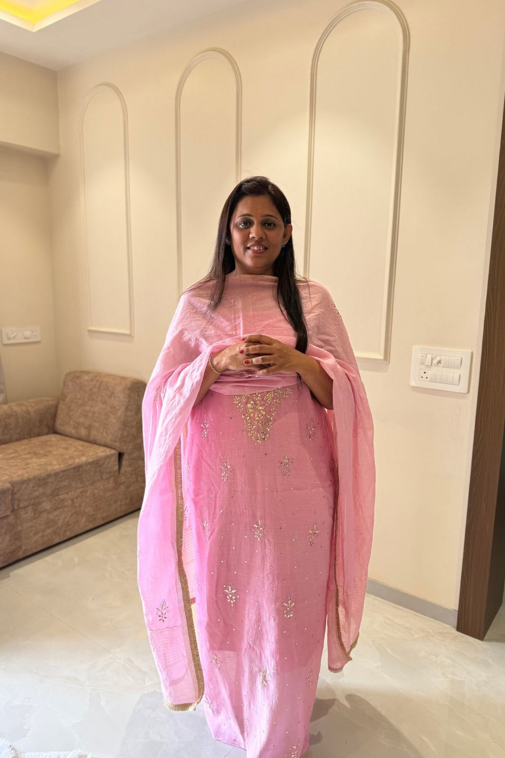 Pure Mul Chanderi Mukesh Kamdani Lucknowi Work 2-Piece Dress Suit – Baby Pink