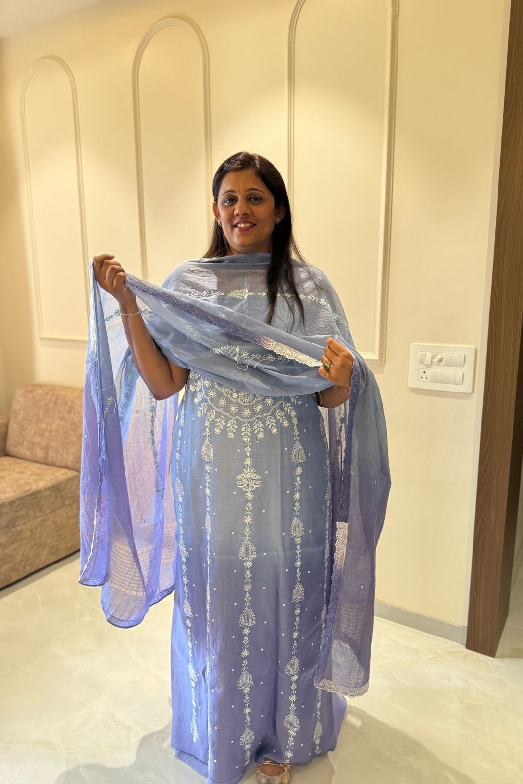 Lucknowi Pure Mul Chanderi Ombre Dyeing 2-Piece Unstitched Suit with Pearl Work – Steel Grey