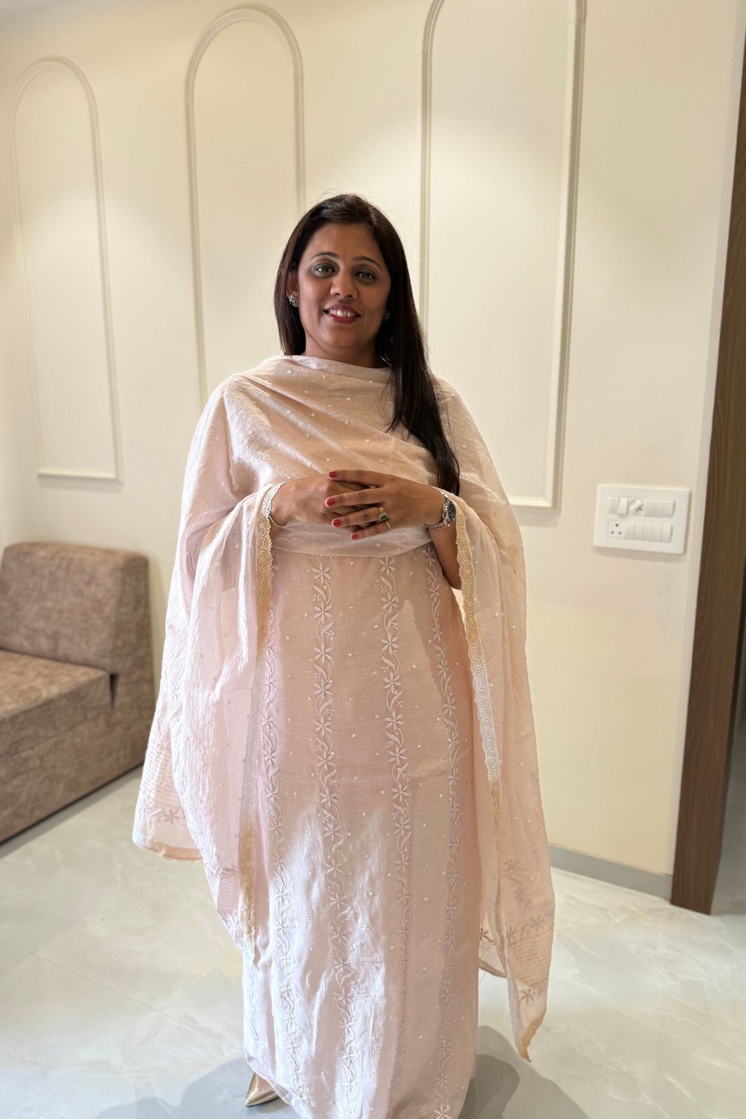 Lucknowi Pure Mul Chanderi Ombre Dyeing 2-Piece Unstitched Suit with Pearl Work – Light Beige