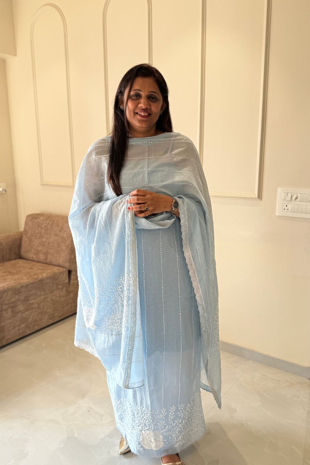 Pure Mul Chanderi Lucknowi 2-Piece Suit Set – Sky Blue