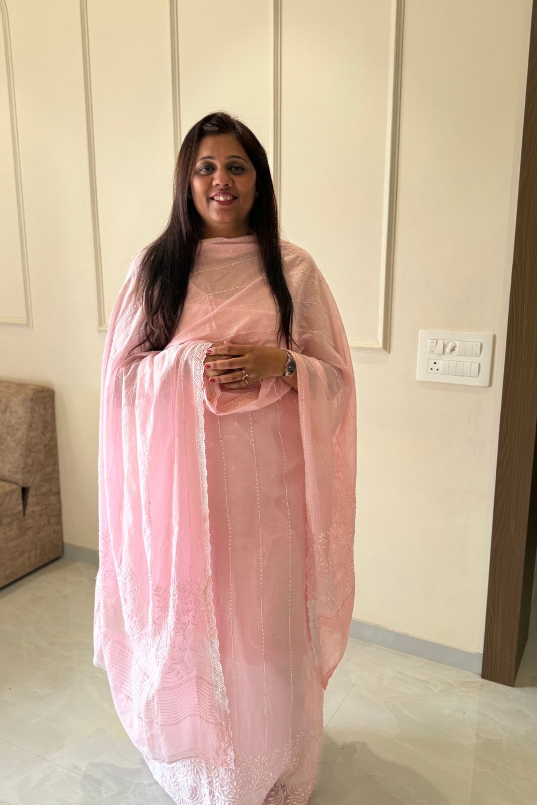 Pure Mul Chanderi Lucknowi 2-Piece Suit Set – Baby Pink