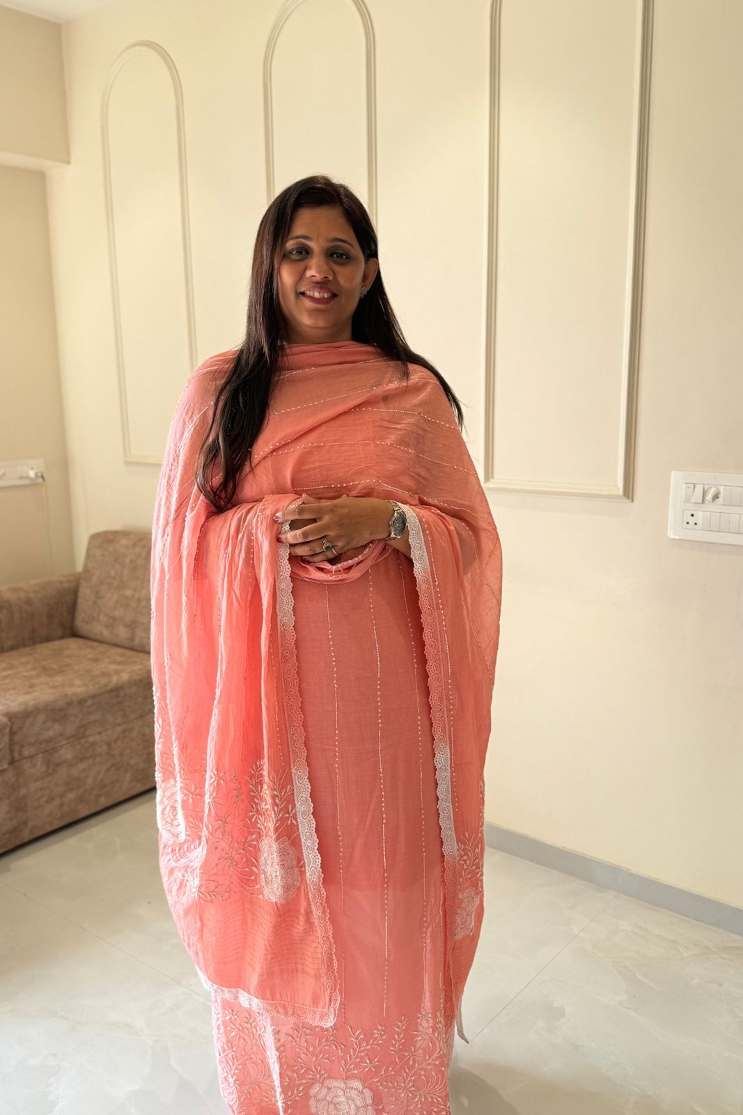 Pure Mul Chanderi Lucknowi 2-Piece Suit Set – Peach