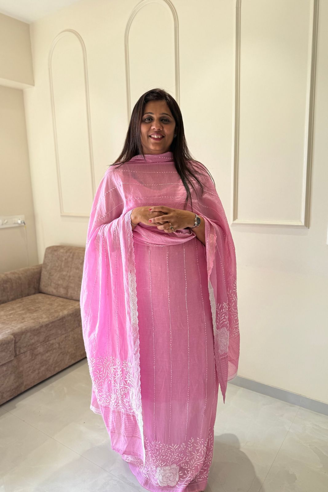 Pure Mul Chanderi Lucknowi 2-Piece Suit Set – Pink