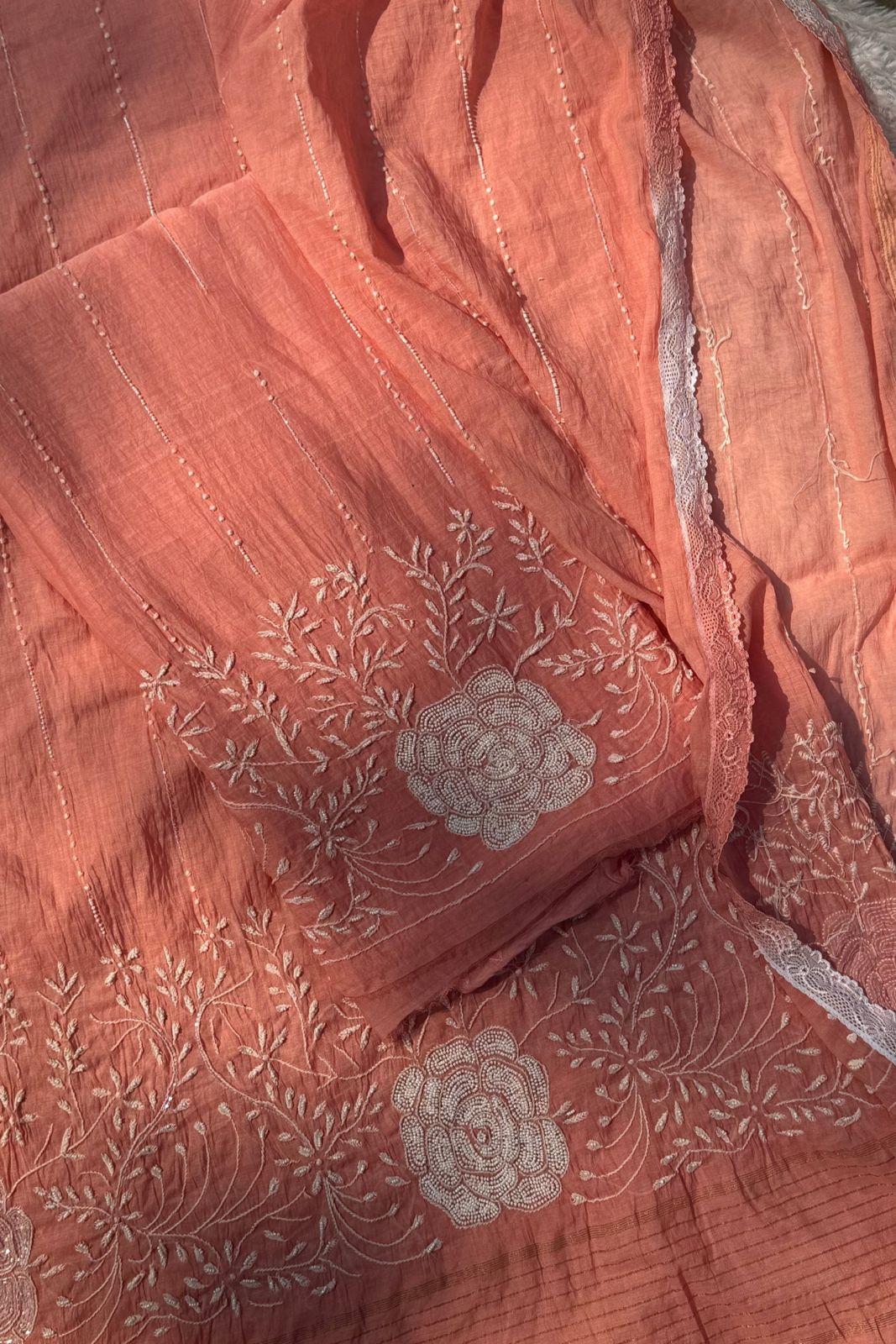 Pure Mul Chanderi Lucknowi 2-Piece Suit Set – Peach