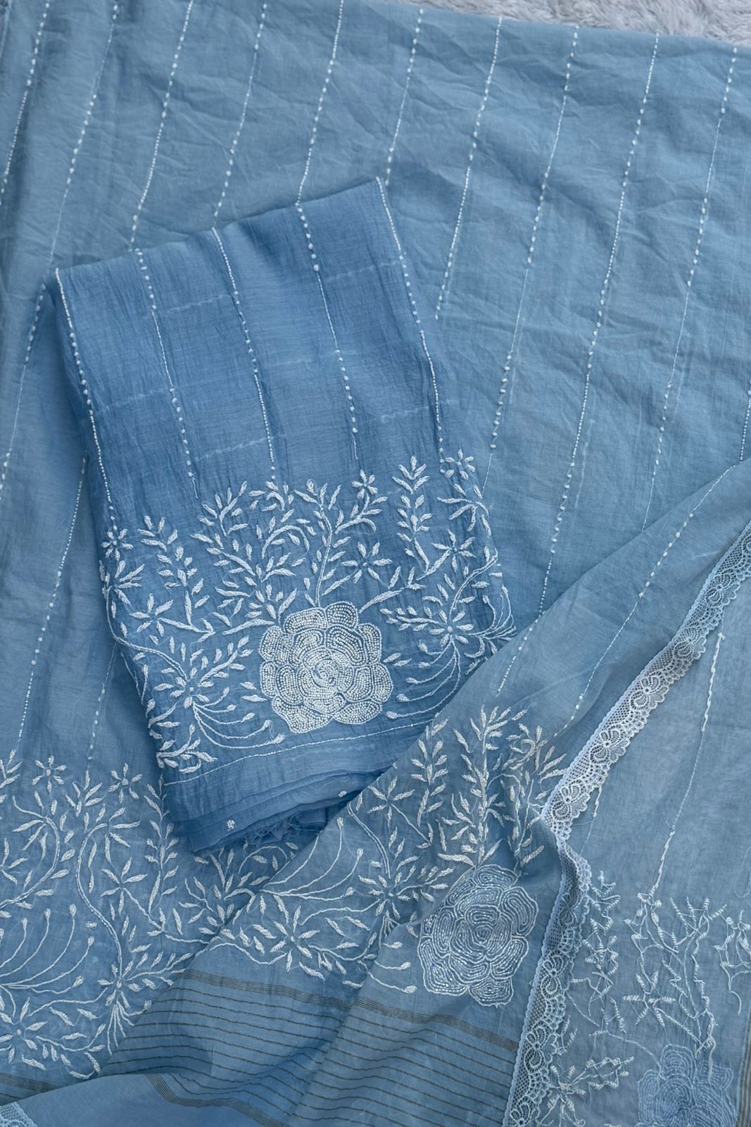 Pure Mul Chanderi Lucknowi 2-Piece Suit Set – Sky Blue