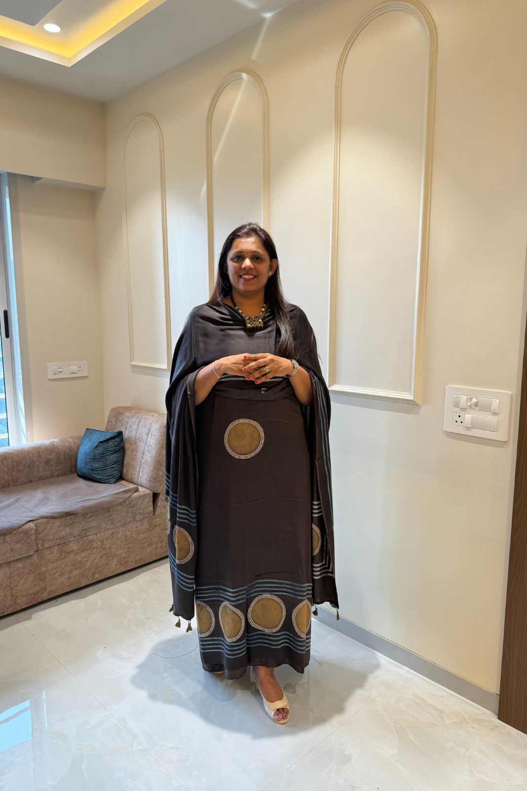 Pure Modal Satin 2-Piece Suit Set in Natural Ajrak Dye - Polka print