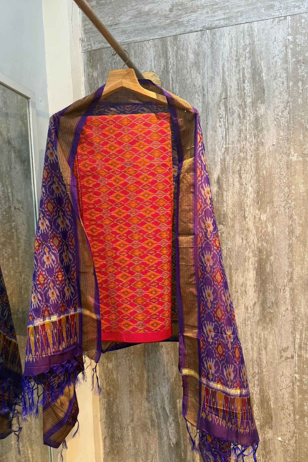Sicco Ikkat Patola Premium 2-Piece Suit Set – Reddish Orange & Purple