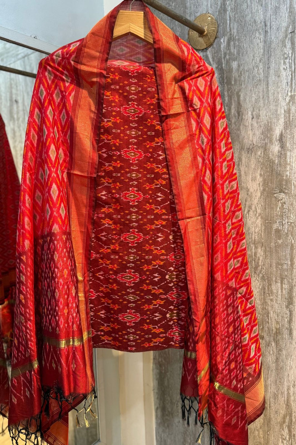Sicco Ikkat Patola Premium 2-Piece Suit Set – Maroon & Red