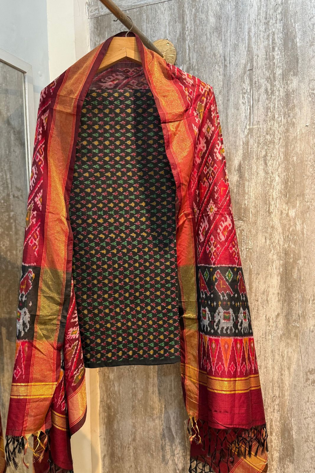 Sicco Ikkat Patola Premium 2-Piece Suit Set – Black & Maroon
