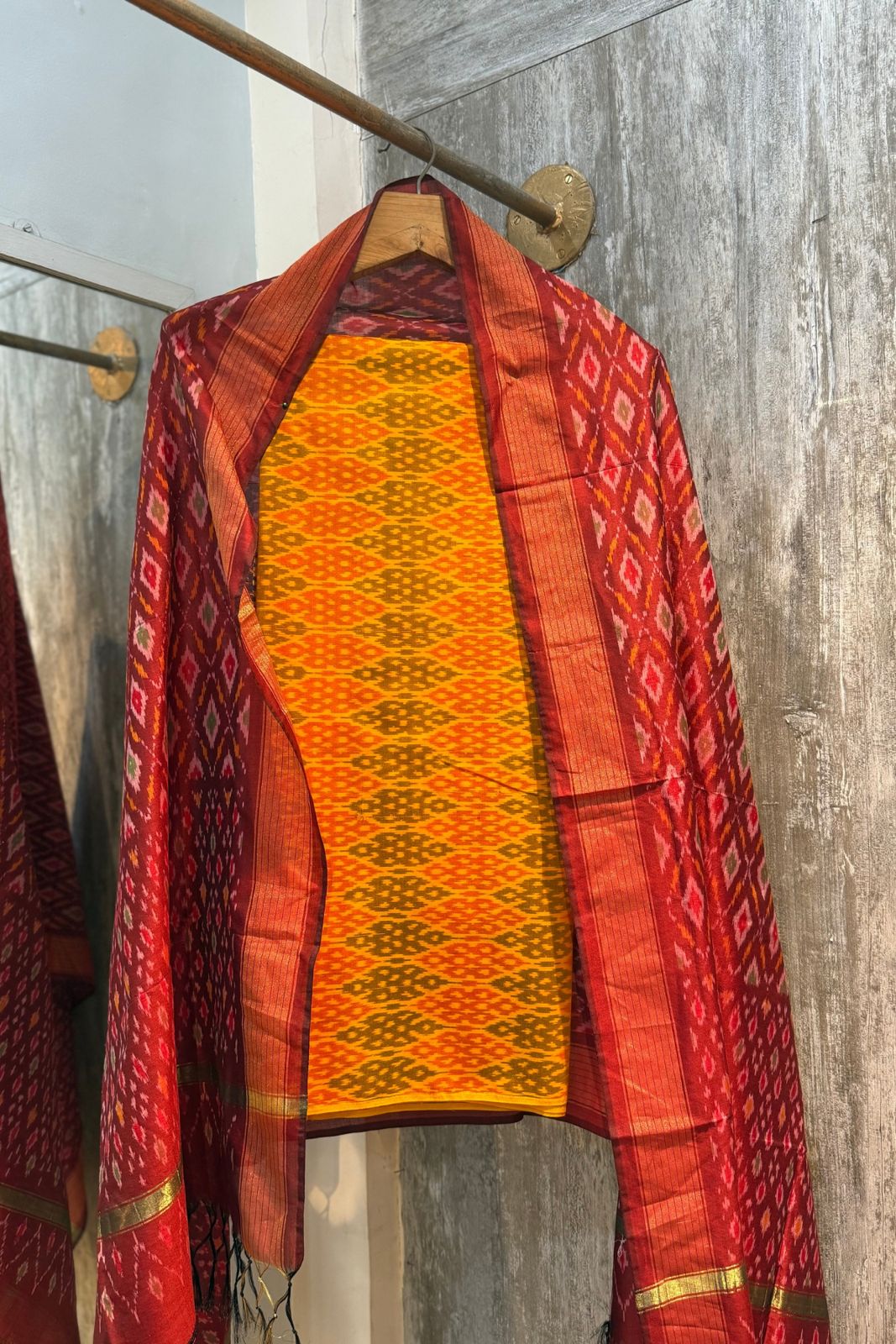 Sicco Ikkat Patola Premium 2-Piece Suit Set – Yellow & Red