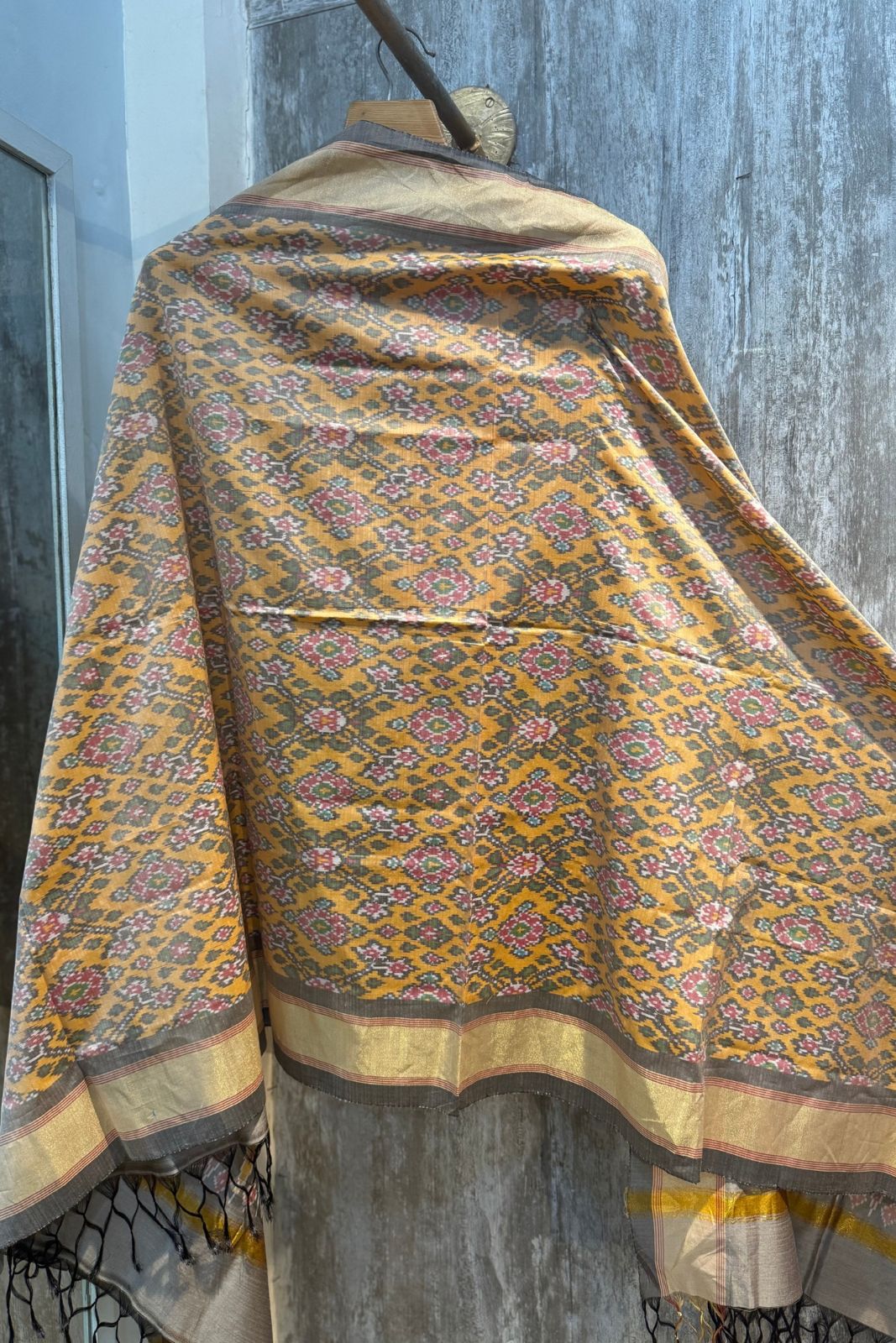 Sicco Ikkat Patola Premium 2-Piece Suit Set – Maroon with Yellow & Beige Dupatta