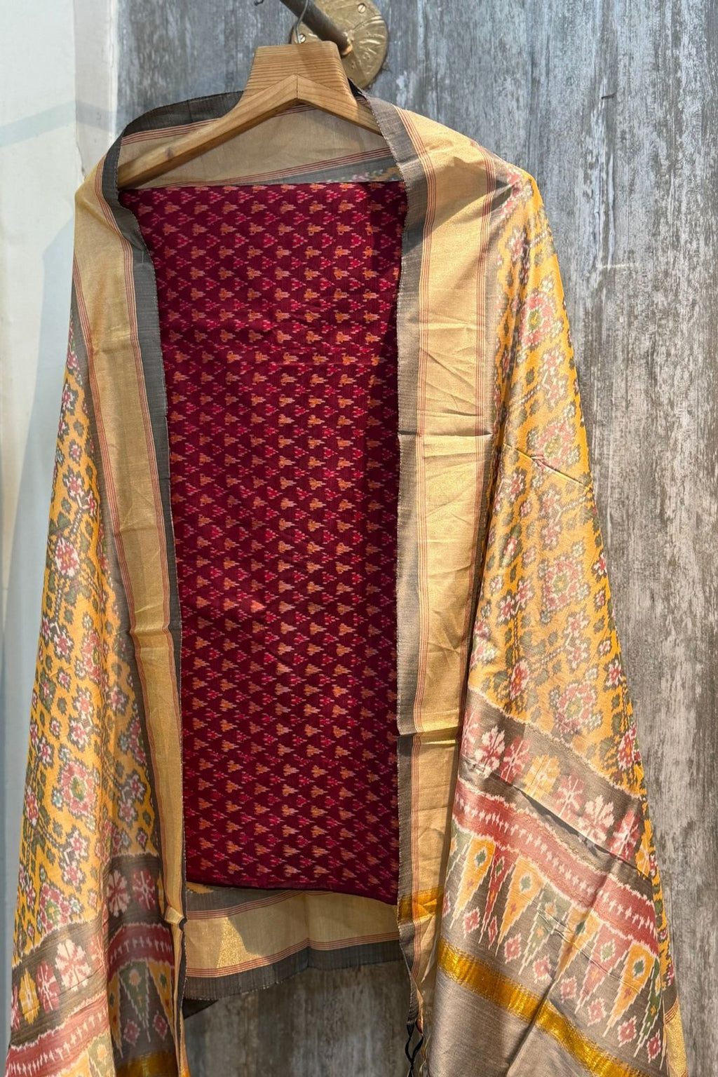 Sicco Ikkat Patola Premium 2-Piece Suit Set – Maroon with Yellow & Beige Dupatta