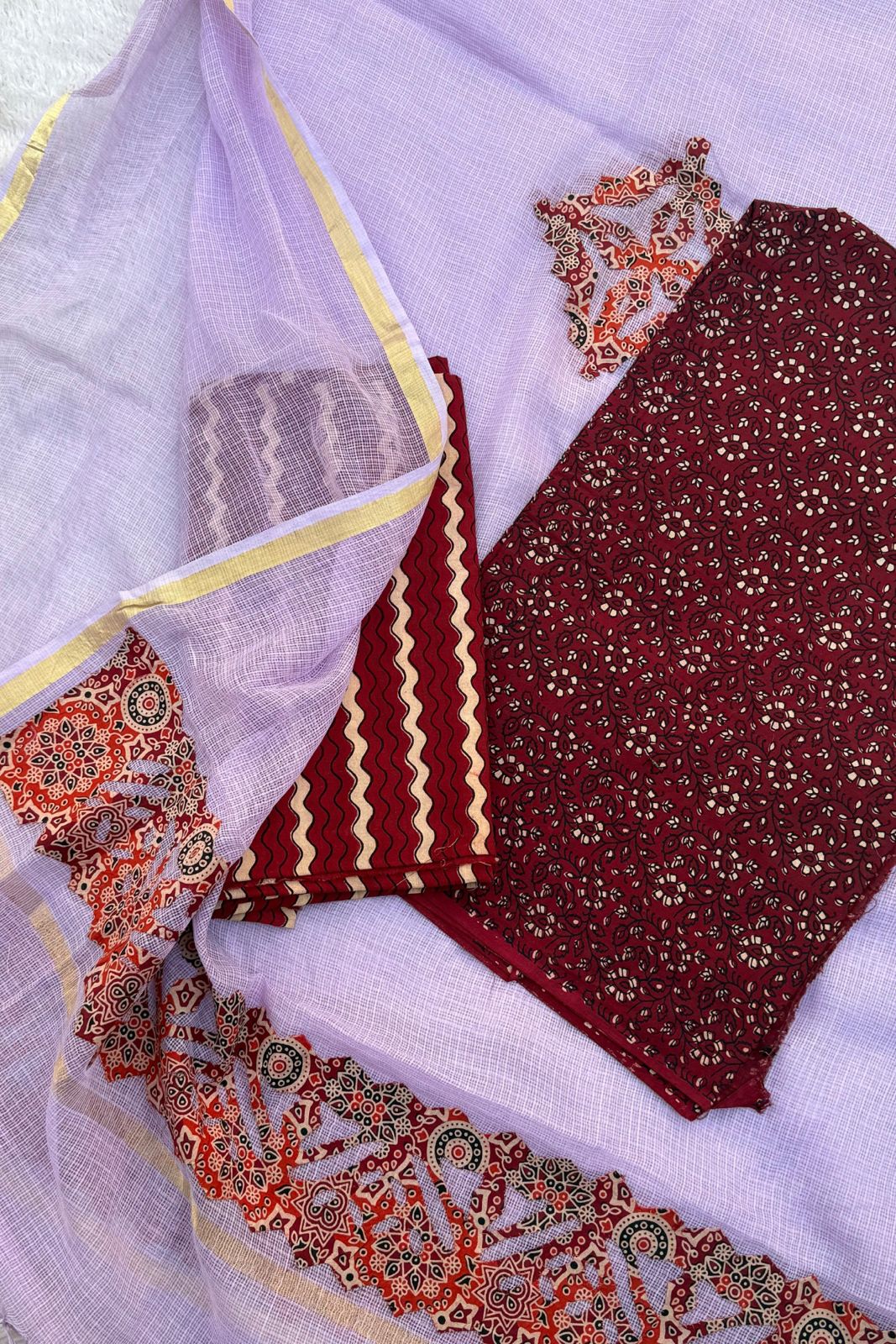 Pure Cotton Kota Doriya 3-piece suit - Purple & Maroon