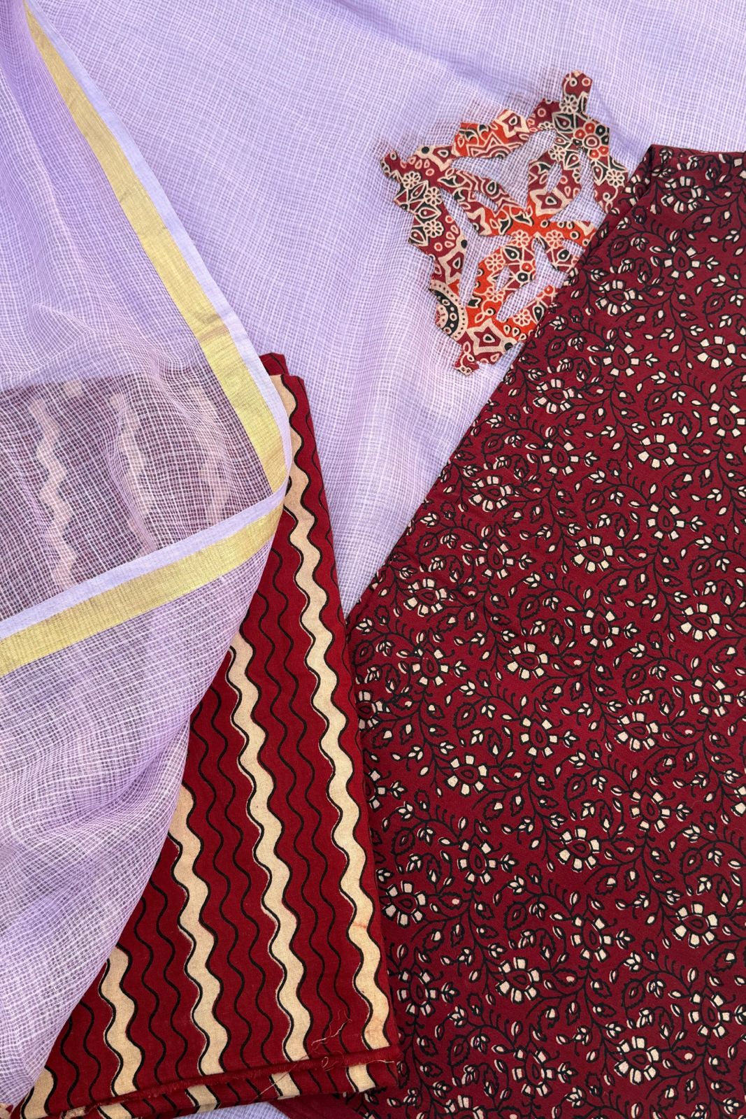 Pure Cotton Kota Doriya 3-piece suit - Purple & Maroon