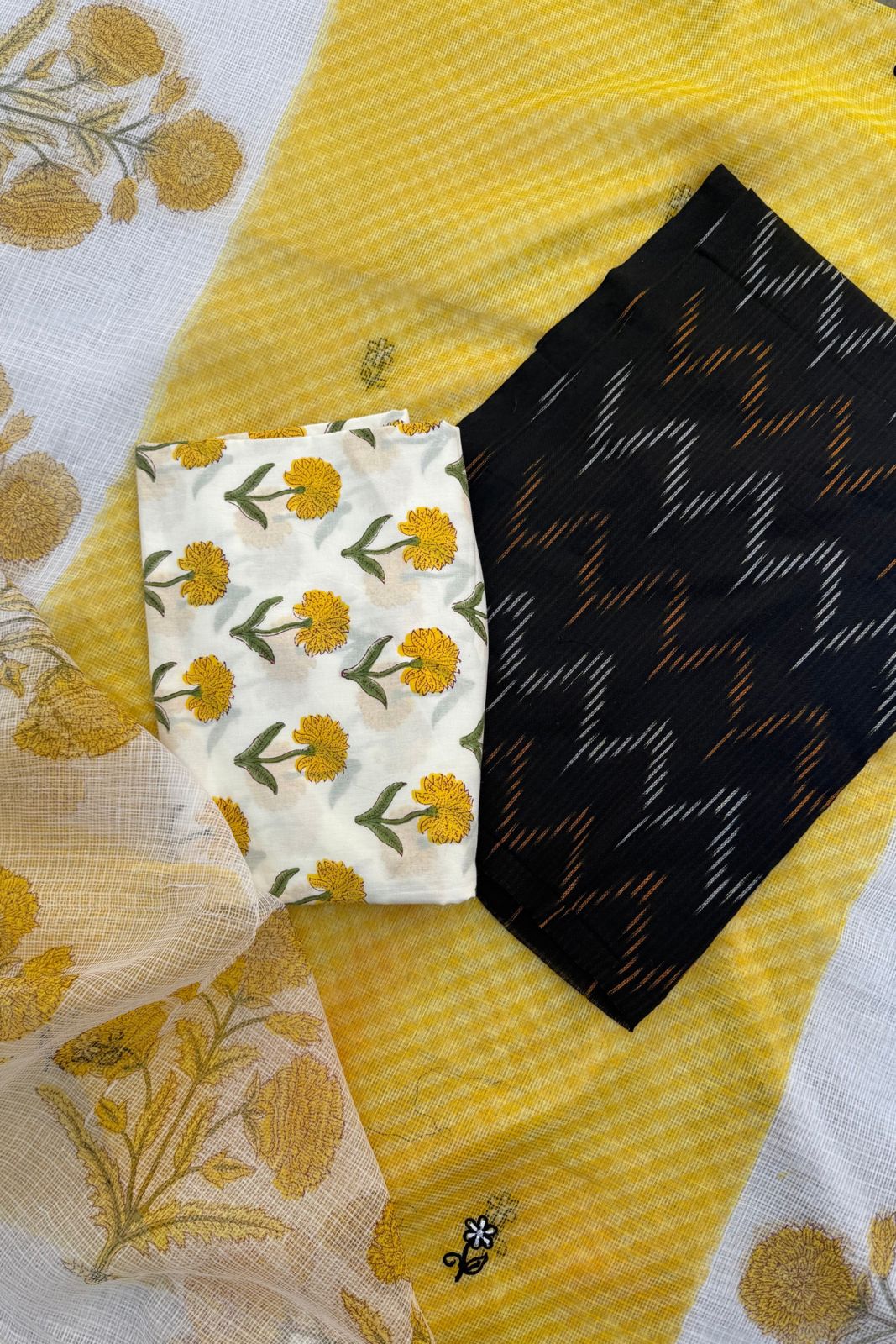 Pure Cotton Kota Doriya 3-piece suit - Black & Yellow