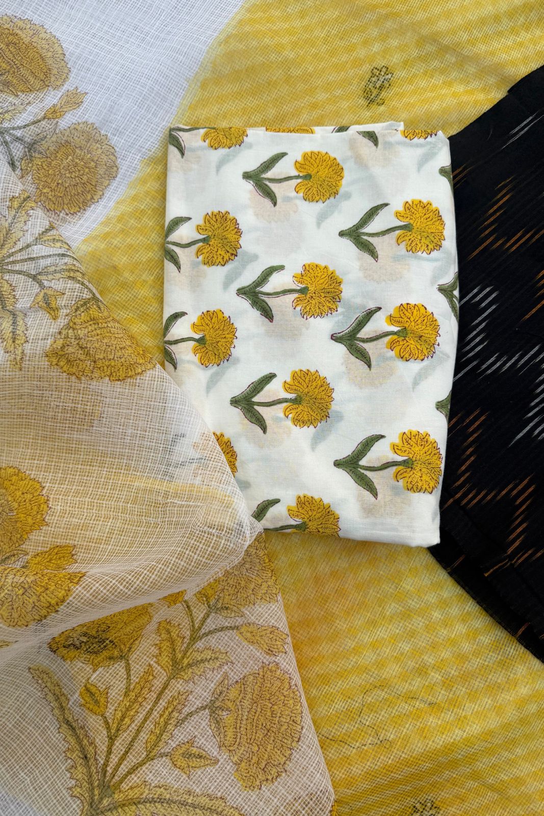 Pure Cotton Kota Doriya 3-piece suit - Black & Yellow