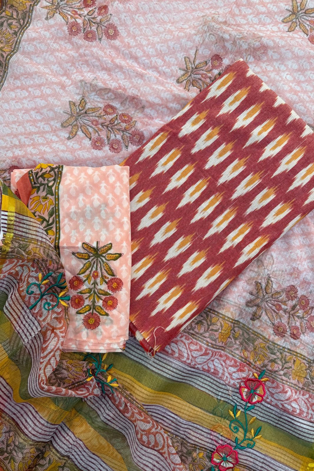 Pure Cotton Kota Doriya 3-piece suit - Peach and Cream