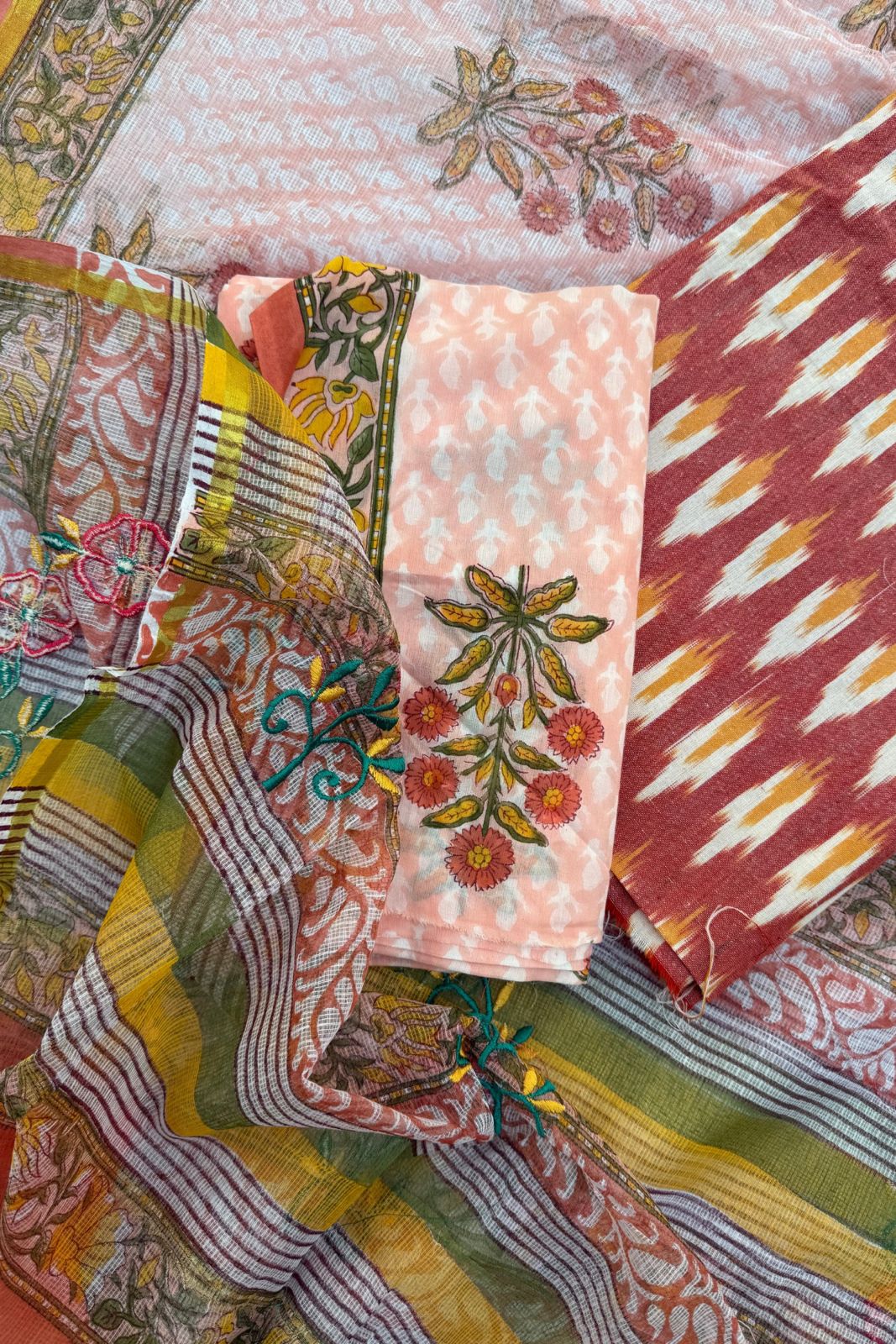 Pure Cotton Kota Doriya 3-piece suit - Peach and Cream