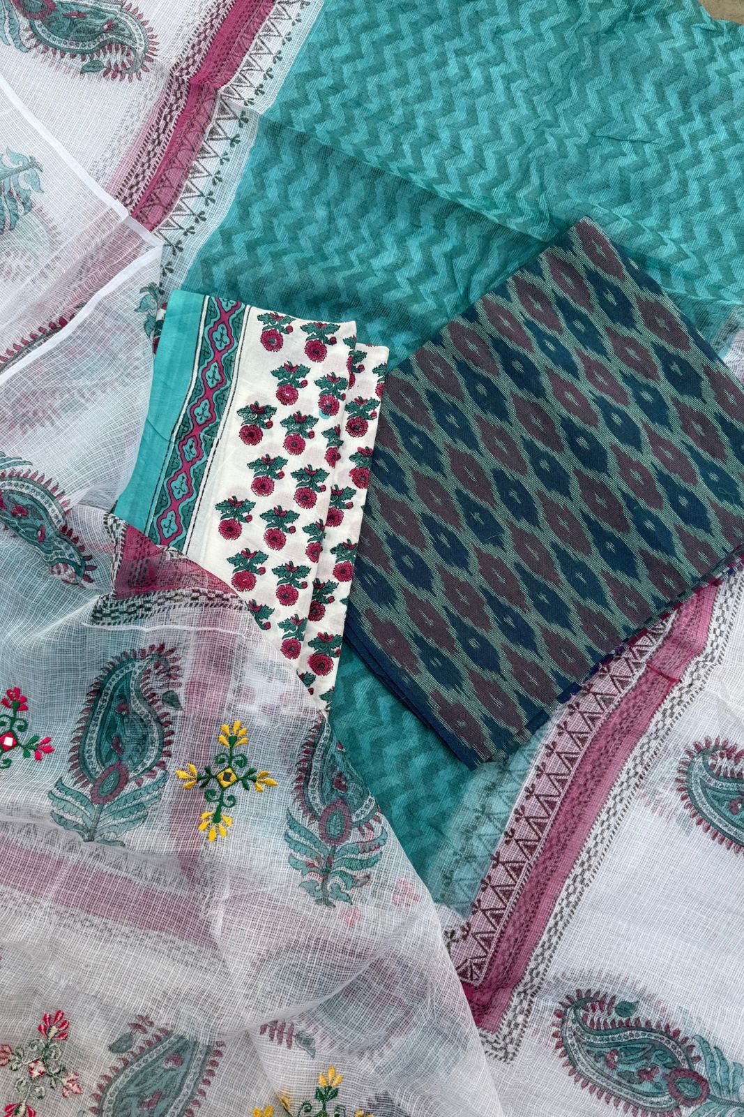 Pure Cotton Kota Doriya 3-piece suit - Firozi Blue and White