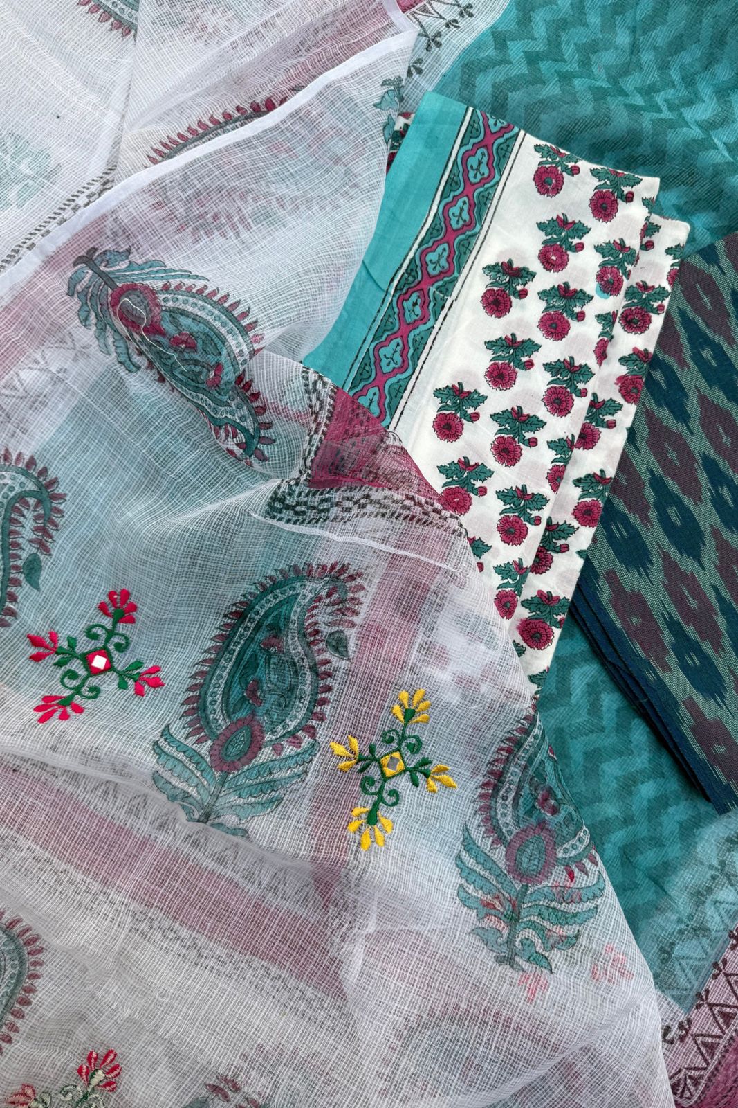 Pure Cotton Kota Doriya 3-piece suit - Firozi Blue and White