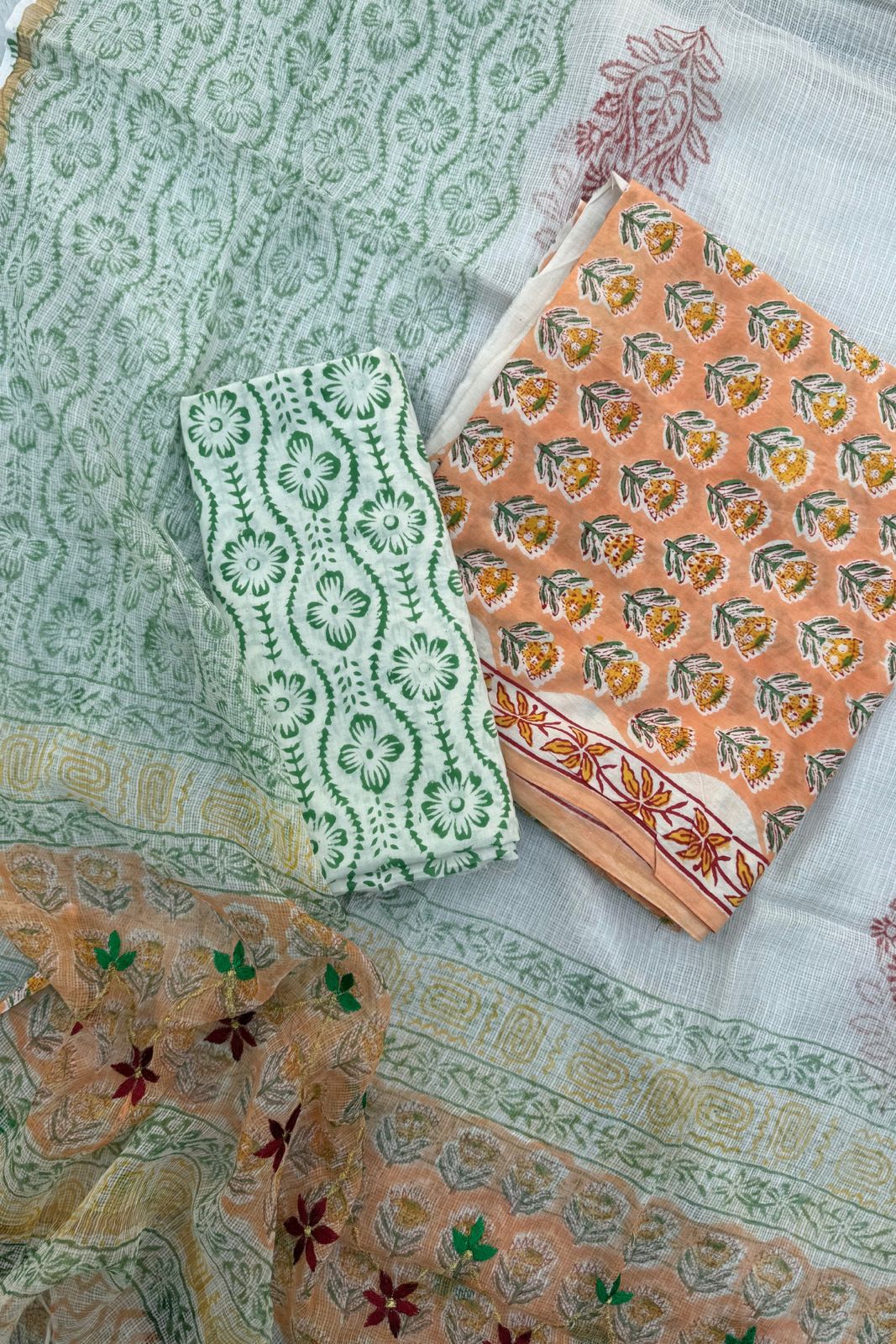 Pure Cotton Kota Doriya 3-piece suit - Light Peach and green