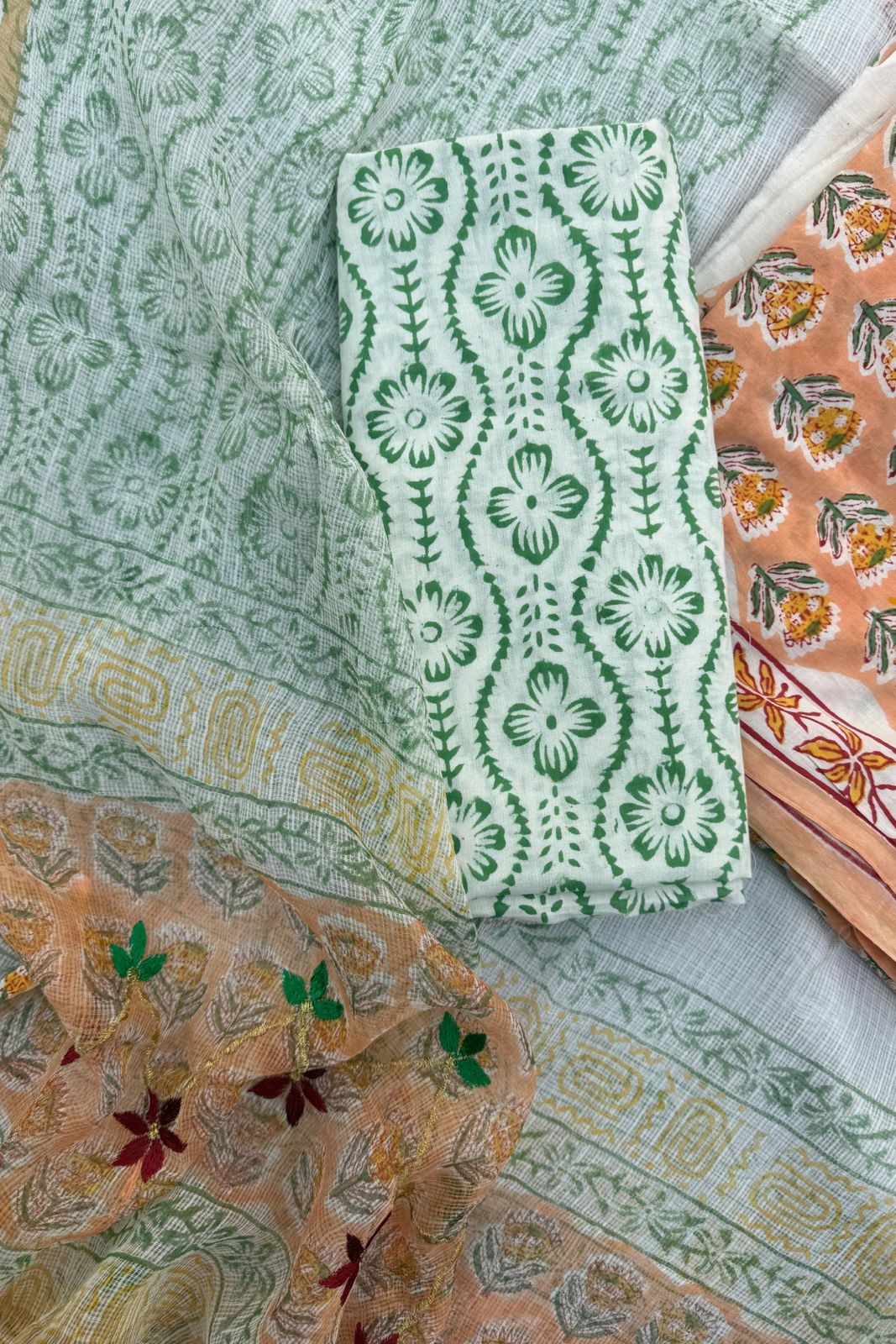 Pure Cotton Kota Doriya 3-piece suit - Light Peach and green