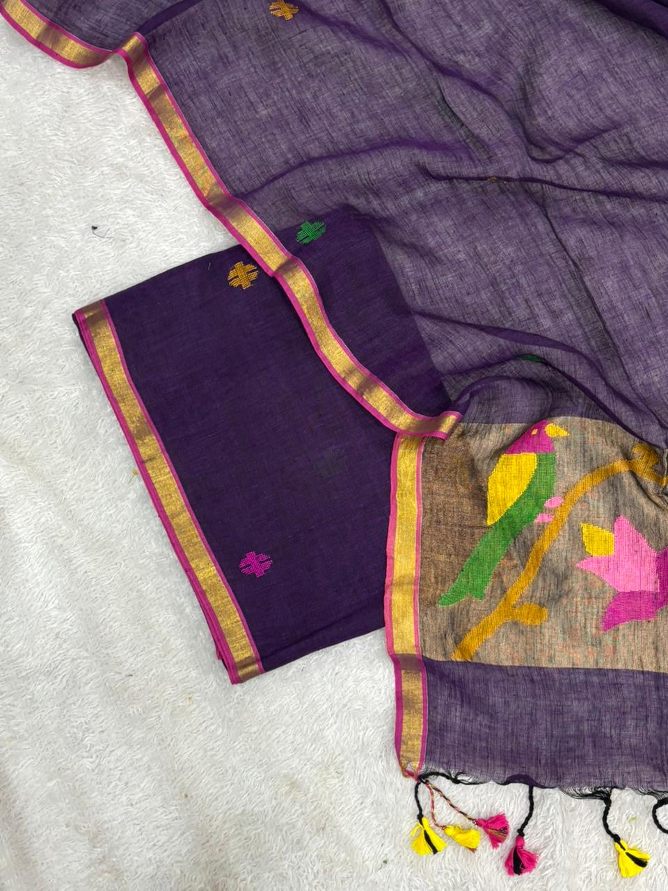 Linen Paithani Jamdani 2 Pc Set – Purple