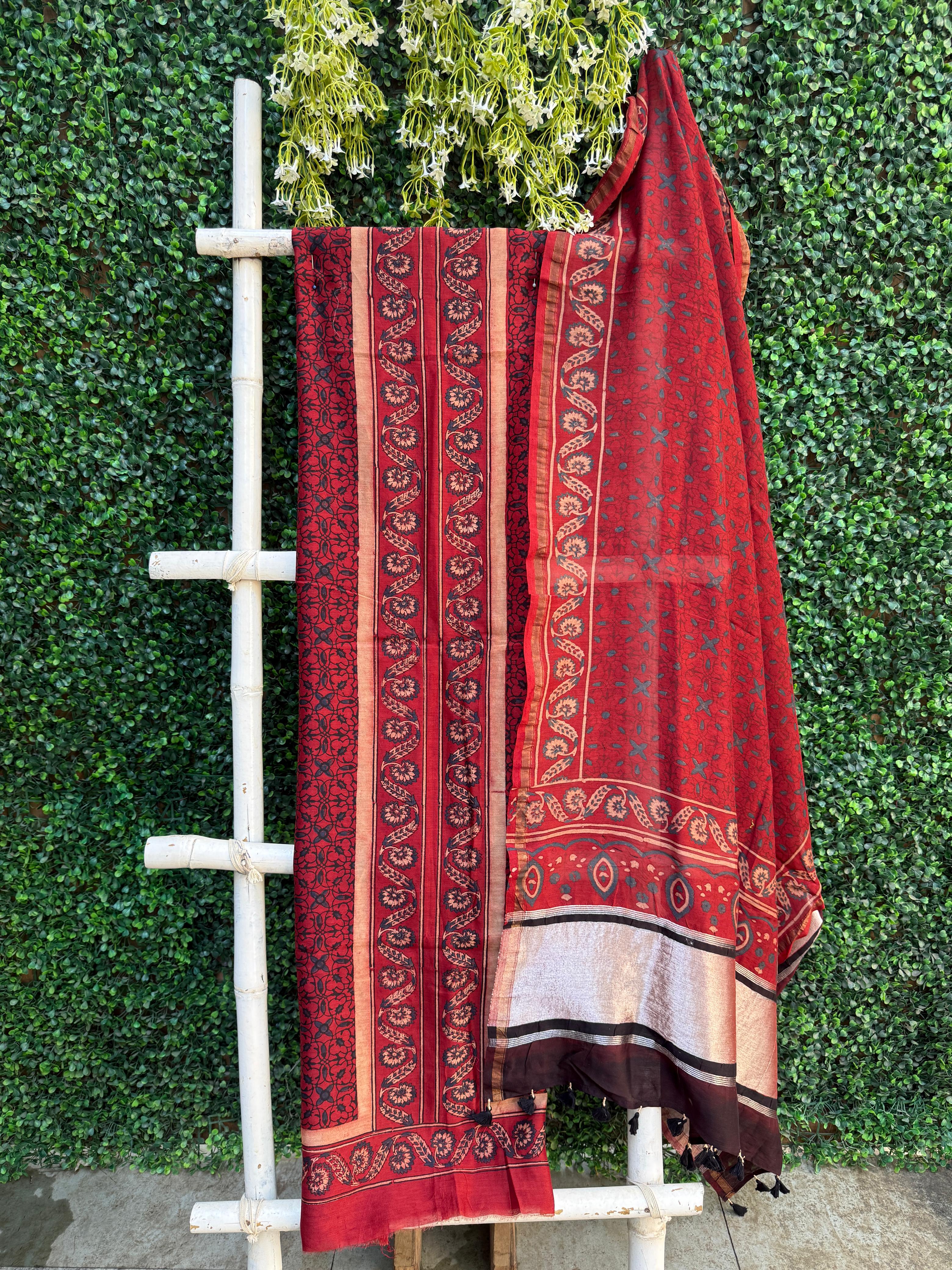 Maroon Ajrakh Chanderi Silk Dress Suit