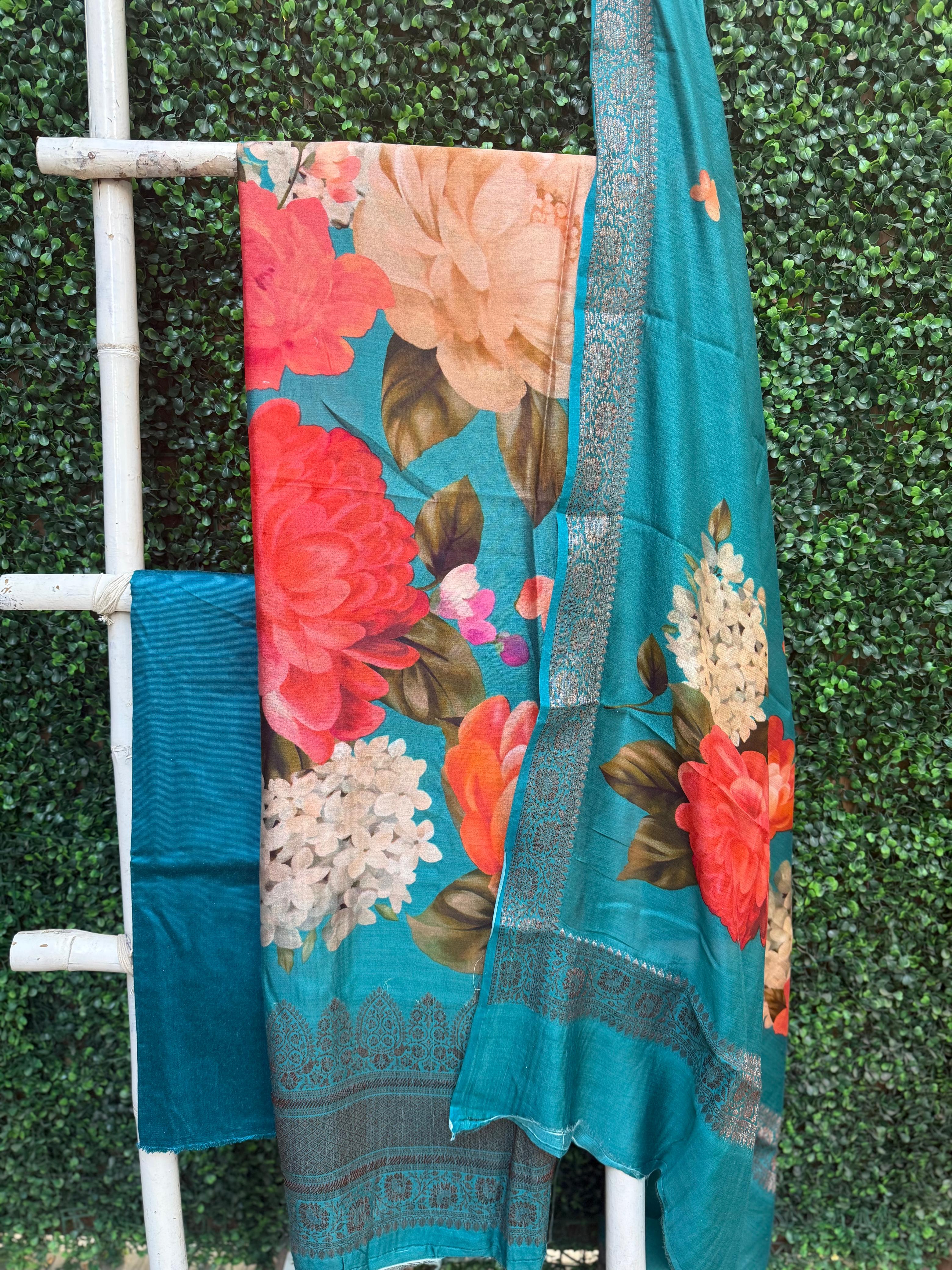 Pure Chanderi Silk Firozi Blue Banarasi Border Suit Set